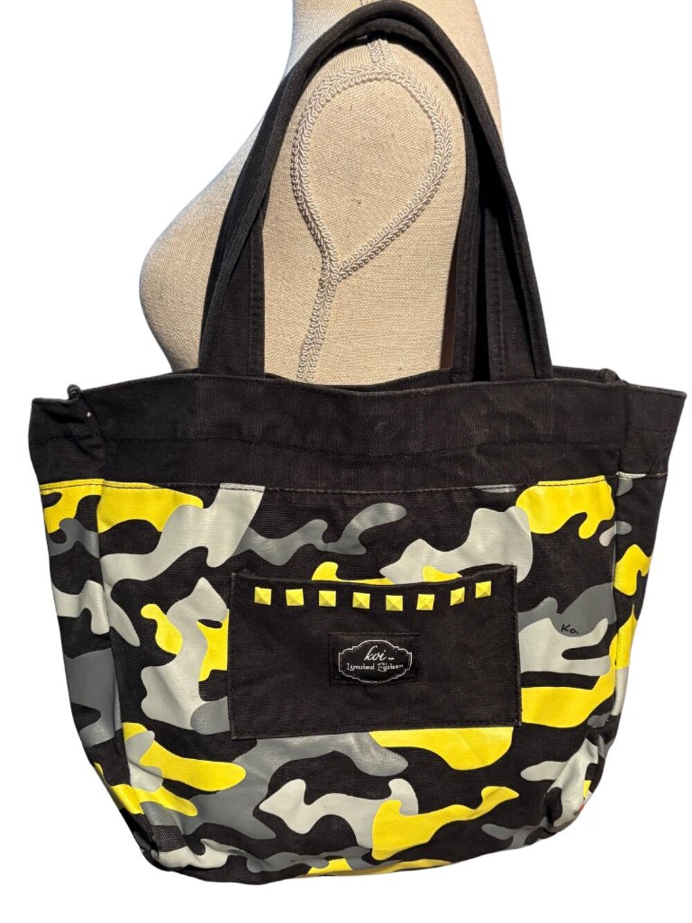 Koi Limited Edition Camo Tote Bag Studded Yellow Black Canvas Large Carryall